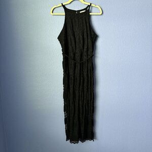 Women's New York & Company Long Dress Black Small Sash Tie Crochet Halter Chic